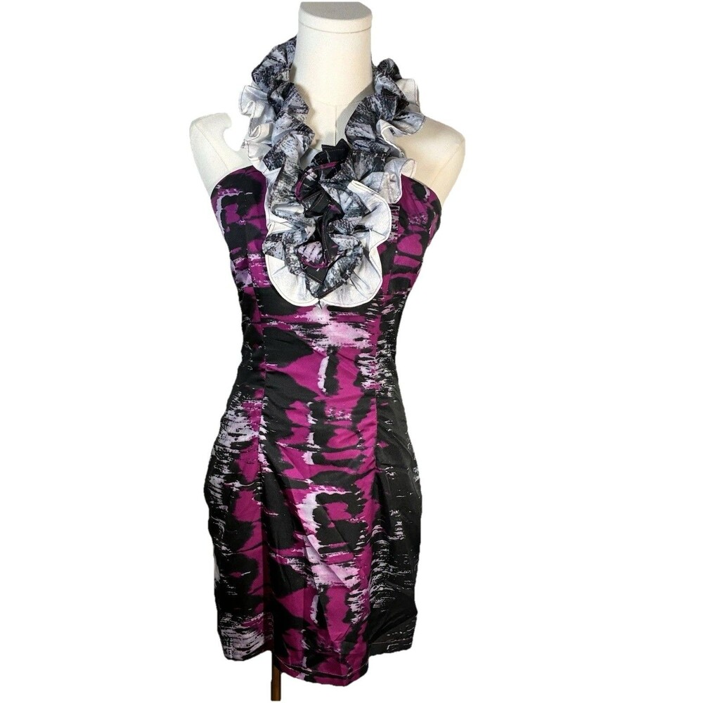 Arden B Dress XS Black Purple Sheath Ruffle Zip No Belt